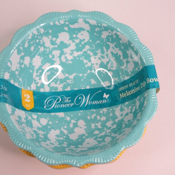 Pioneer Woman Melamine Dip Bowl 2Pc Set Yellow & Green Country Splatter 5.23"dia - Picture 1 of 9